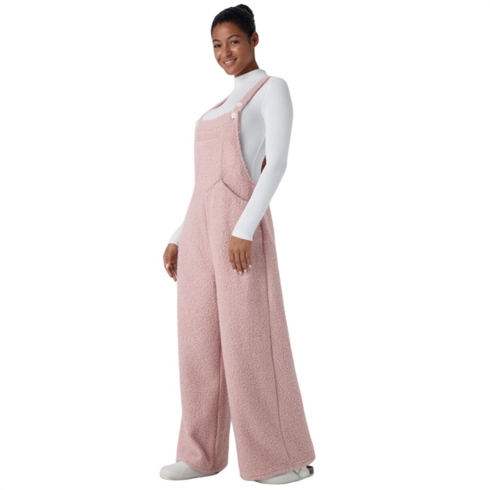 Halara Women Small Dirty Pink Casual Teddy Textured Fleece Wide Leg Overalls New
